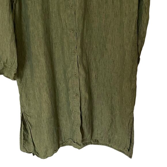 EILEEN FISHER Washed Organic Linen Délavé Shirt Dress in Green, Size Large - Picture 7 of 11